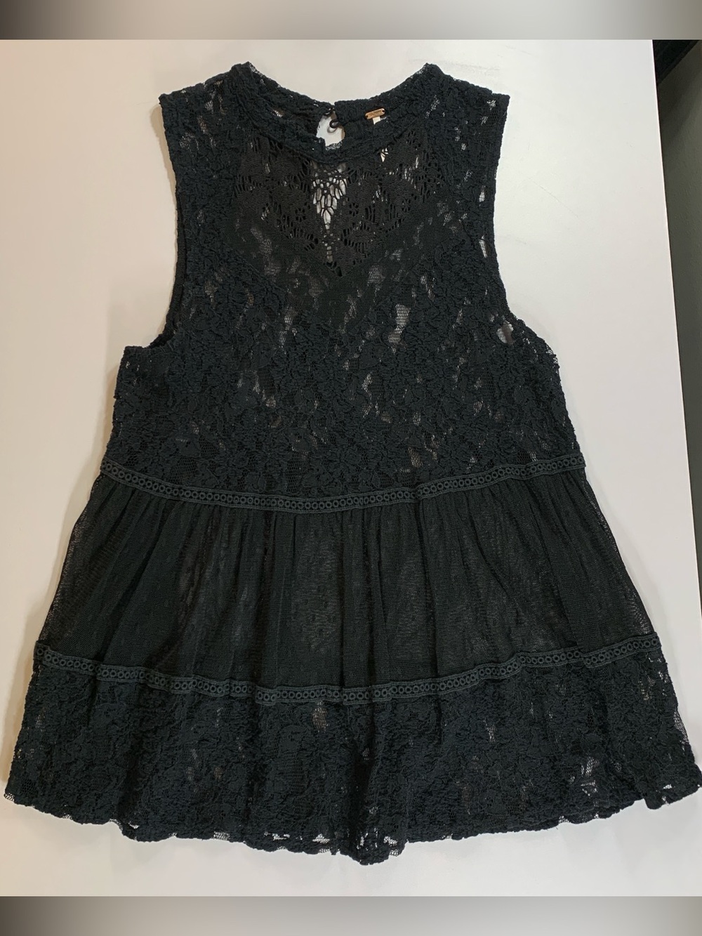 Free People Sheer Black Lace Babydoll Tank Top High Neck Tiered Whimsigoth Boho